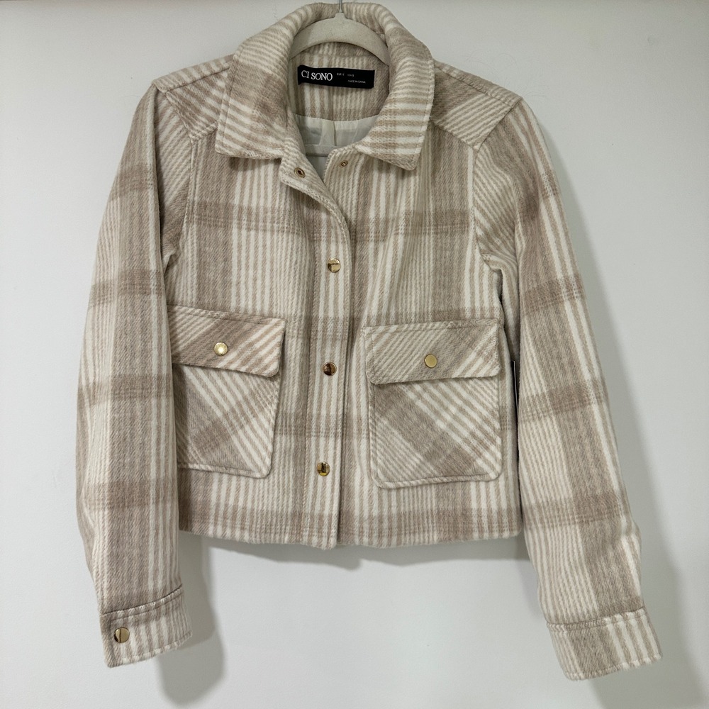 CI SONO Plaid Cropped Shacket Women Size S Beige Cream Snap Front Jacket Fall